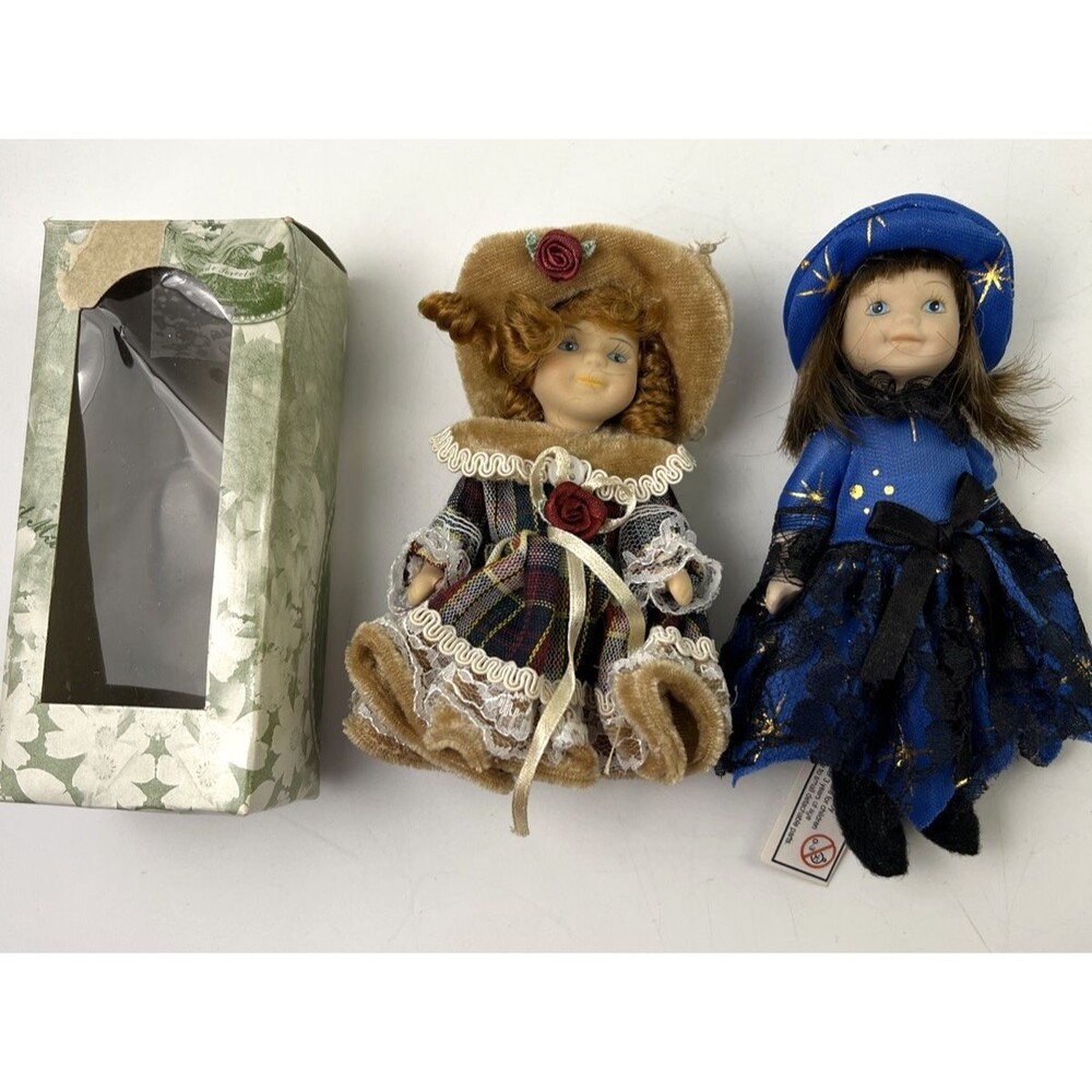 Set Of 2 Ganz Porcelain Mini Dolls Poseable 4" Jointed Legs and Arms See Pics